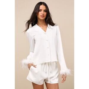 Lulu's White Button-Down Top with Feather Cuffs